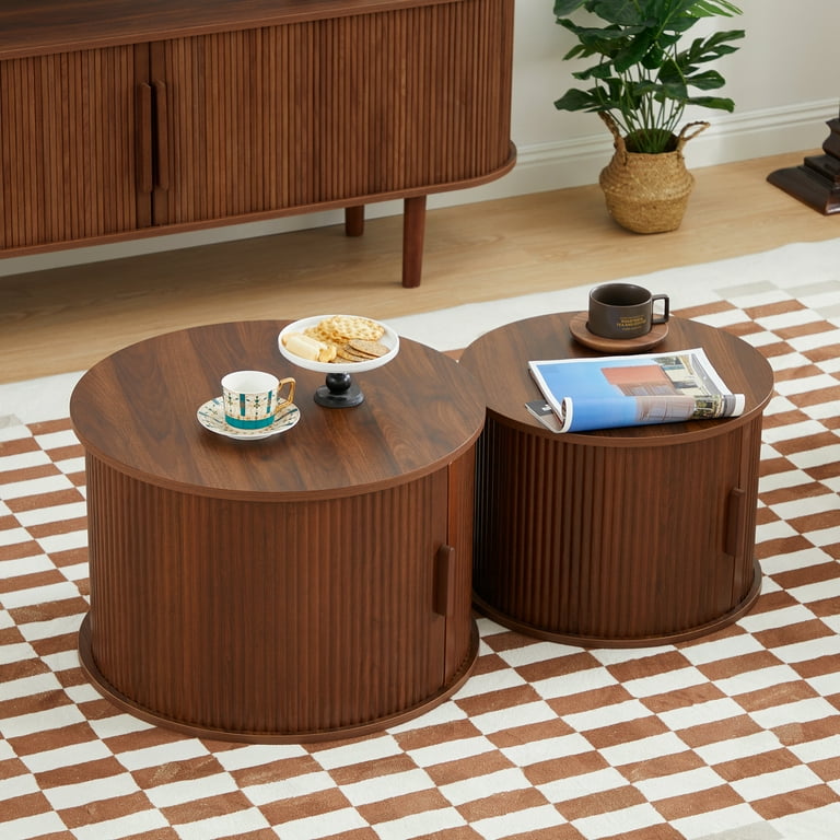 Wirrytor Nesting Coffee Table Set of 2 Matte Round Wooden Coffee Tables Modern Luxury Side Tables Accent End Table for Living Room Apartment walnut