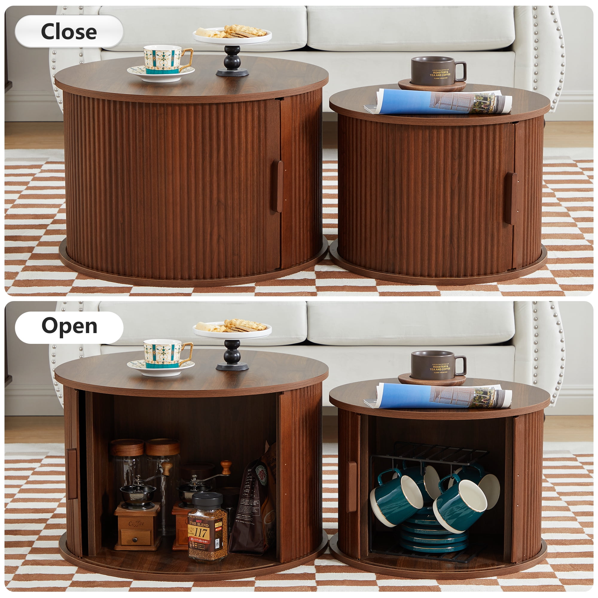 Wirrytor Round Nesting Coffee Tables Set of 2 With storage, Mid Century Modern Fluted Circle Wooden Side Table with Sliding Door for Living Room  (Walnut)