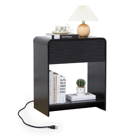 Wirrytor Nightstand with Charging Station for Bedroom with 1 Drawer and Shelf, Wood Wide Bedside Table with Storage for Home Office, End Table for Living Room,Black