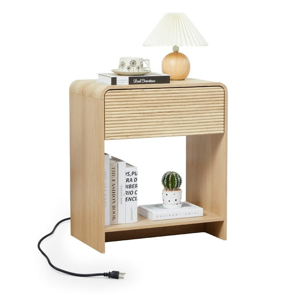Wirrytor Nightstand with Charging Station for Bedroom with 1 Drawer and Shelf, Wood Wide Bedside Table with Storage for Home Office, End Table for Living Room,Oak