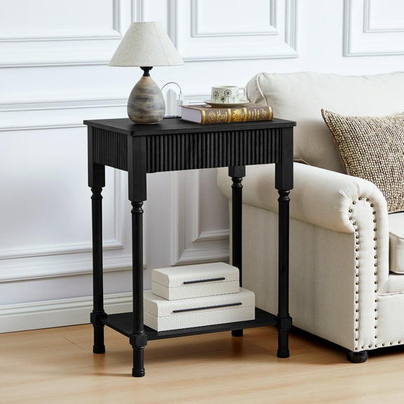 Wirrytor Nightstand with Charging Station for Bedroom with 1 Drawer and Shelf, Wood Wide Bedside Table with Storage, Slim End Table for Small Space, Black