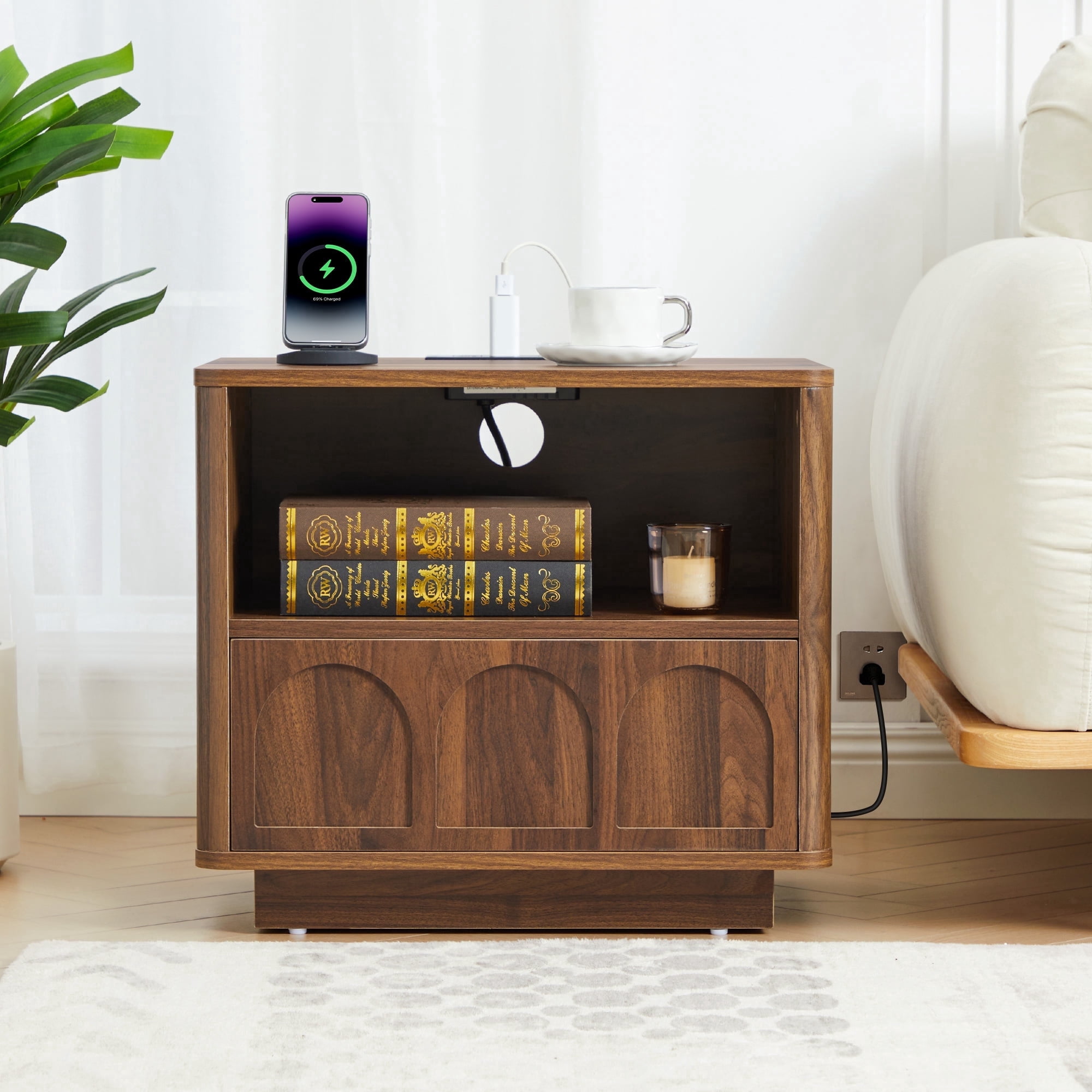 Wirrytor Modern Nightstand with Charging Station and Storage Drawers, Fluted Bedside Table for Bedroom Furniture, End Table with Large Open Shelf for Living Room Sofa, Brown