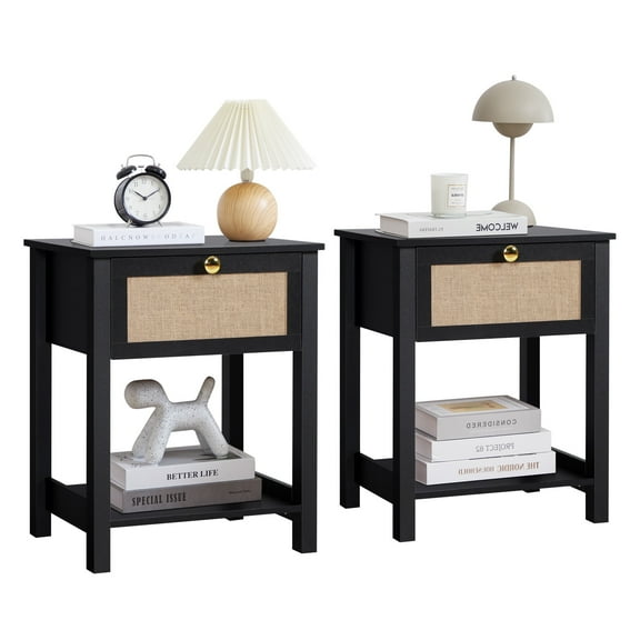 Wirrytor Nightstand Set of 2,Boho Bedside Tables with Rattan Drawer and Open Storage Shelf, Night Stand and Dresser Set Side Table End Table for Bedroom Living Room Entryway,Black