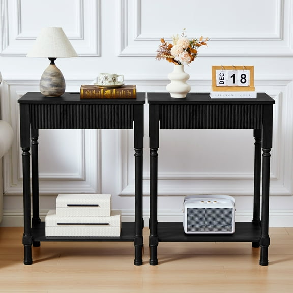Wirrytor Nightstand Set of 2 with Charging Station for Bedroom, Wood Fluted Bedside Table with Drawer and Shelf, End Table with Storage for Living Room,Black