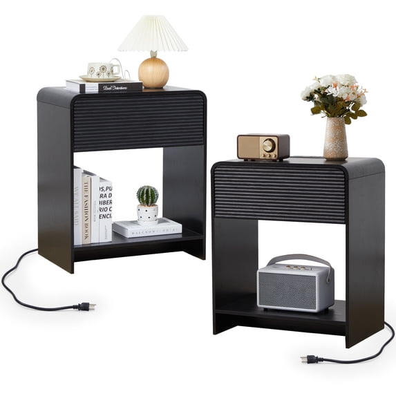 Wirrytor Nightstand Set of 2 with Charging Station for Bedroom , Wood Wide Bedside Table with Drawer and Shelf, Wide Side Table with Storage for Home Office, End Table for Living Room,Black