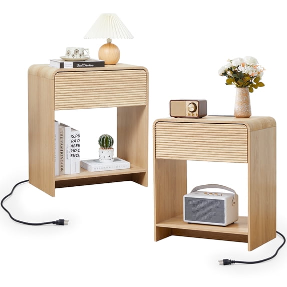 Wirrytor Nightstand Set of 2 with Charging Station for Bedroom , Wood Wide Bedside Table with Drawer and Shelf, Wide Side Table with Storage for Home Office, End Table for Living Room,Oak