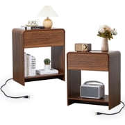 Wirrytor Nightstand Set of 2 with Charging Station for Bedroom , Wood Wide Bedside Table with Drawer and Shelf, Wide Side Table with Storage for Home Office, End Table for Living Room,Walnut