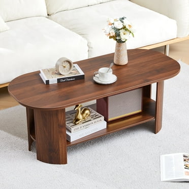 Wirrytor Oval Coffee Table, Farmhouse Modern 2-Tier Storage Accent Center Table With Wooden Dual Base For Living Room Bedroom Apartment, Easy Assembly, Rustic Brown