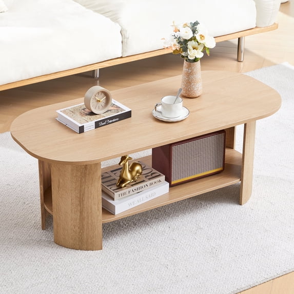 Wirrytor Oval Coffee Table with Storage Shelf, 2-Tier Modern Farmhouse Wood Center Table for Living Room, Natural