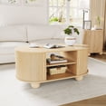 thumbnail image 1 of Wirrytor Oval Coffee Table with Sliding Door and Storage, Mid Century Modern Wood Center Table, 2-Tier Tea Cocktail Table for Living Room, Farmhouse Style Furniture with Hidden Compartment, 1 of 8