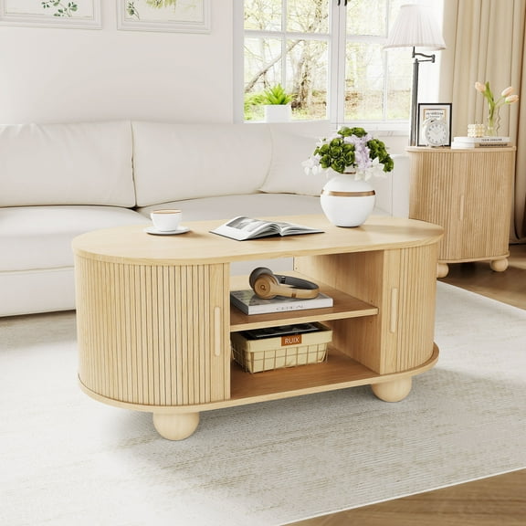 Wirrytor Oval Coffee Table with Sliding Door, Mid Century Modern Wood Center Table, 2-Tier Tea Cocktail Table with Sliding Door for Living Room ,Natural