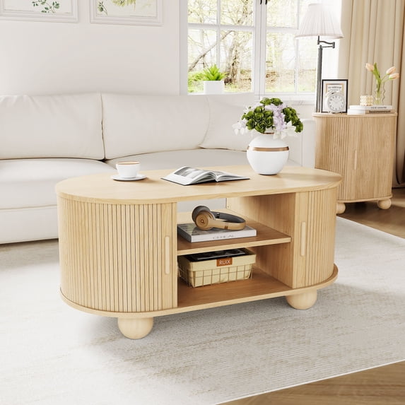 Wirrytor Oval Coffee Table with Sliding Door and Storage, Mid Century Modern Wood Center Table, 2-Tier Tea Cocktail Table for Living Room, Farmhouse Style Furniture with Hidden Compartment