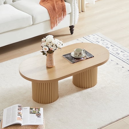 Wirrytor Oval Fluted Coffee Table, Farmhouse Wood Coffee Table Mid Century Modern Center Table, Living Room Tables for Living Room Office (Natural)