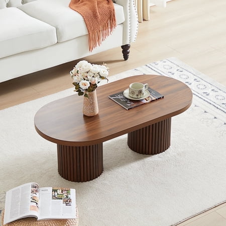 Wirrytor Oval Fluted Coffee Table, Farmhouse Wood Coffee Table Mid Century Modern Center Table Boho Living Room Tables for Living Room Office (Walnut)
