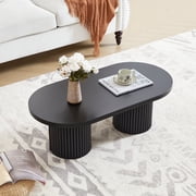Wirrytor Oval Fluted Coffee Table, Farmhouse Wood Coffee Table Mid Century Modern Center Table Boho Living Room Tables for Living Room Office Black