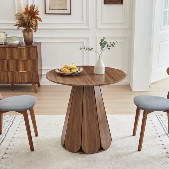 Wirrytor Small Round Dining Table, Farmhouse Fluted Kitchen Table, 31 Inch Modern Wood Small Circle Dining Table with Pedestal for Kitchen Living Room (Walnut)