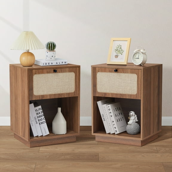 Wirrytor Rattan Night Stands Set of 2, Farmhouse Nightstand Bedside Table with Drawer and Storage Shelf, Boho End Side Table for Bedroom, Small Space, Walnut