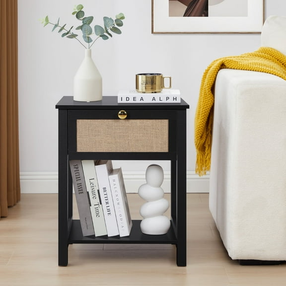 Wirrytor Rattan Nightstand,Boho Bedside Tables Rattan Decor Drawer with Brass Knobs Night Stand Wood Bedside Table Boho End Tables Side Tables with Storage Shelf, Black