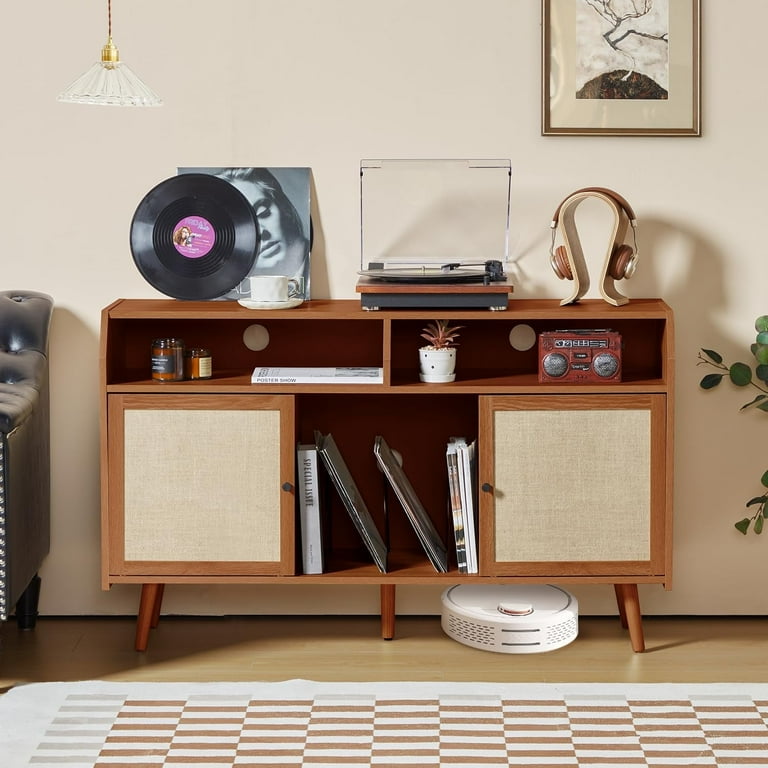 Wirrytor Rattan Record Player Stand Wood Storage Table Turntable Stand Audio Cabinet with 2 Rattan Doors with Vinyl Storage Walnut Walmart