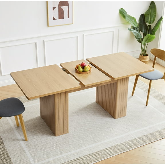 Wirrytor Rectangle Extendable Dining Table for 6-8 People Modern Expandable Kitchen Table with White Pedestal Base Wood veneer Particle Board Space Saving Design. Oak