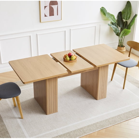 Wirrytor Rectangle Extendable Dining Table for 6-8 People Modern Expandable Kitchen Table with White Pedestal Base Wood veneer Particle Board Space Saving Design. Oak