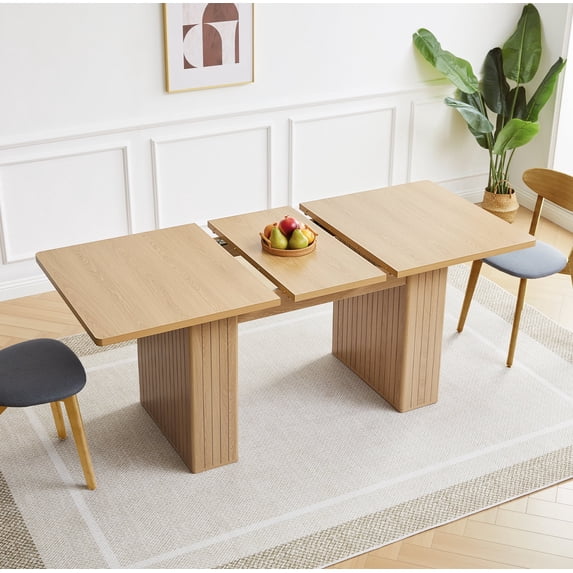 Wirrytor Rectangle Extendable Dining Table for 6-8 People Modern Expandable Kitchen Table with White Pedestal Base Wood veneer Particle Board Space Saving Design. Oak