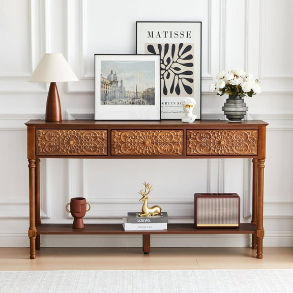 Wirrytor Retro Console Table with 2 Drawers for Narrow Entryway, Modern Sofa Table for Living Room, Narrow Sofa Table with Open Storage Shelf, Hallway Table and Couch Table Behind Sofa,Walnut