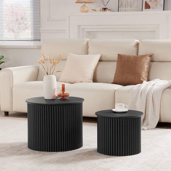 Wirrytor Round Coffee Table Sets 2 Pieces, Wood Fluted Coffee Table with Storage, for Living Room Bedroom, Apartment(Black)