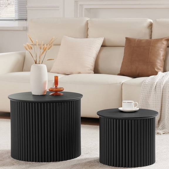 Wirrytor Round Nesting Coffee Tables Set of 2, Wood Fluted Coffee Table with Storage for Living Room Bedroom, Modern Accent Side Tables, Black