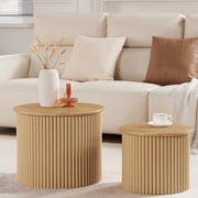 Wirrytor Round Nesting Coffee Tables Set of 2, Wood Fluted Coffee Table with Storage for Living Room Bedroom, Modern Accent Side Tables, Natural