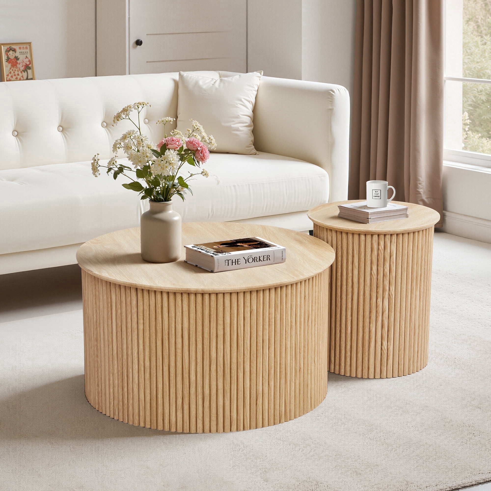 Wirrytor Round Coffee Table Sets 2 Pieces, Wood Fluted Coffee Table with Storage, for Living Room Bedroom, Apartment(Nature)
