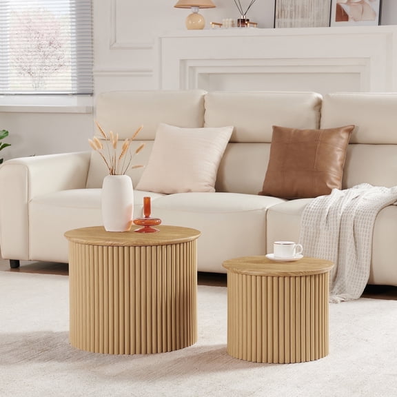 Wirrytor Round Coffee Table Sets 2 Pieces, Wood Fluted Coffee Table with Storage, for Living Room Bedroom, Apartment(Nature)