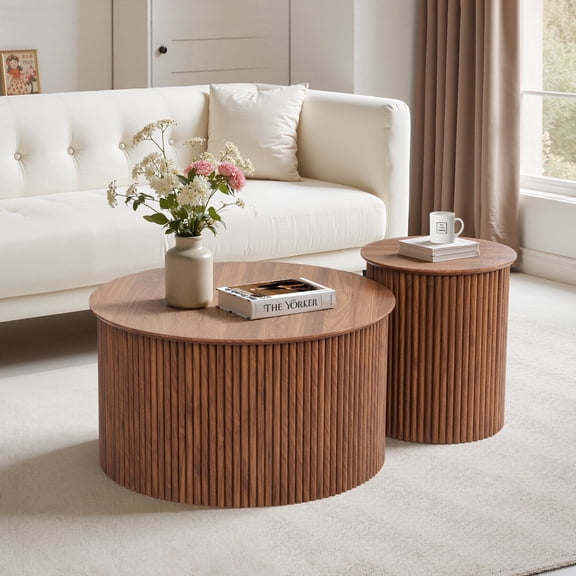 Wirrytor Round Coffee Table Sets 2 Pieces, Wood Fluted Coffee Table with Storage, for Living Room Bedroom, Apartment(Walnut)
