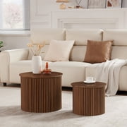 Wirrytor Round Coffee Table Sets 2 Pieces, Wood Fluted Coffee Table with Storage, for Living Room Bedroom, ApartmentWalnut
