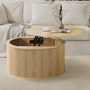 Wirrytor Round Lift Top Coffee Table with Storage and Flip Top, Fluted Center Table for Living Room, Wood Coffee Table with Hidden Compartment, Round Arc Design, Oak
