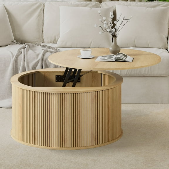 Wirrytor Round Lift Top Coffee Table with Storage and Flip Top, Fluted Center Table for Living Room, Wood Coffee Table with Hidden Compartment, Round Arc Design, Oak
