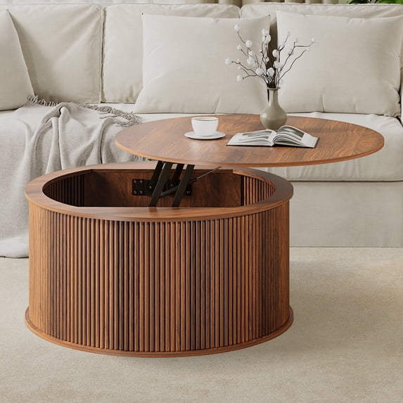 Wirrytor 31 inches Round Lift Top Coffee Table with Storage and Flip Top, Fluted Center Table for Living Room, Wood Coffee Table with Hidden Compartment, Round Arc Design, Walnut