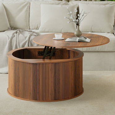 Wirrytor Round Lift Top Coffee Table with Storage and Flip Top, Fluted Center Table for Living Room, Wood Coffee Table with Hidden Compartment, Round Arc Design, Walnut