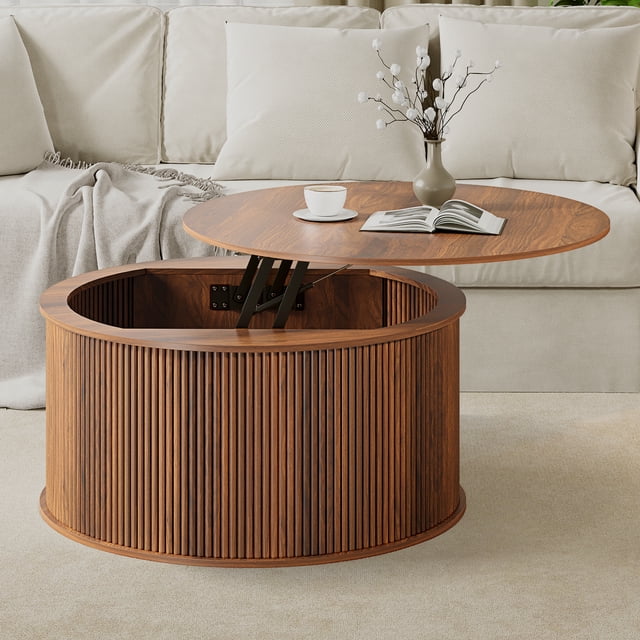 Wirrytor Round Lift Top Coffee Table with Storage and Flip Top, Fluted ...