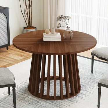 Wirrytor Round Dining Table for 4, 47-Inch Farmhouse Kitchen Table, Modern Slatted Wood Pedestal Base Dining Table, Wooden Circle Dinner Room Table for Home Dining Room Kitchen Living Room (Walnut)