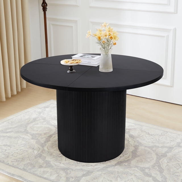 Wirrytor Round Dining Table, Modern Farmhouse Kitchen Table, 47 Inch Coffee Circle Dining Tables with Wood Strip Base for Kitchen Living Room, Black