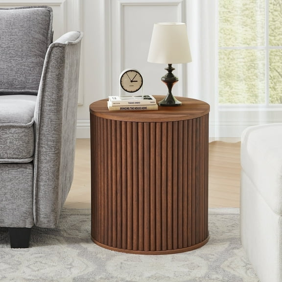 Wirrytor Round Side Table for living room, Fluted End Table for Small Spaces, Mid Century Modern Small Accent Tables, Bedside Table, Couch Side Table, Nightstand for Bedroom Couch,Walnut
