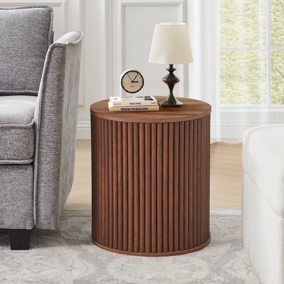 Wirrytor Round Side Table for Living Room, Fluted End Table for Small Spaces, Mid Century Modern Small Accent Tables, Bedside Table, Couch Side Table, Nightstand for Bedroom Couch,Walnut