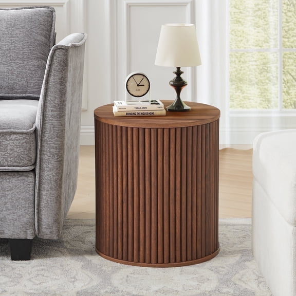 Wirrytor Round Side Table for Living Room, Fluted End Table for Small Spaces, Mid Century Modern Small Accent Tables, Bedside Table, Couch Side Table, Nightstand for Bedroom Couch,Walnut