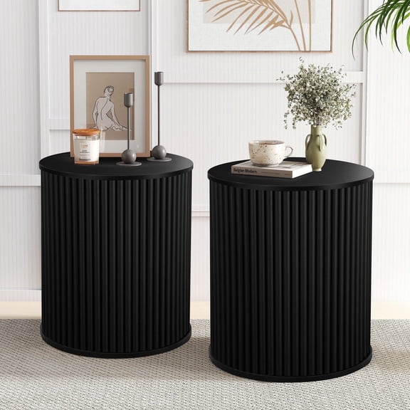 Wirrytor Round Side Table for Living Room Set of 2, Fluted End Table for Small Spaces, Mid Century Modern Small Accent Tables, Bedside Table, Couch Side Table, Nightstand for Bedroom Couch, Black