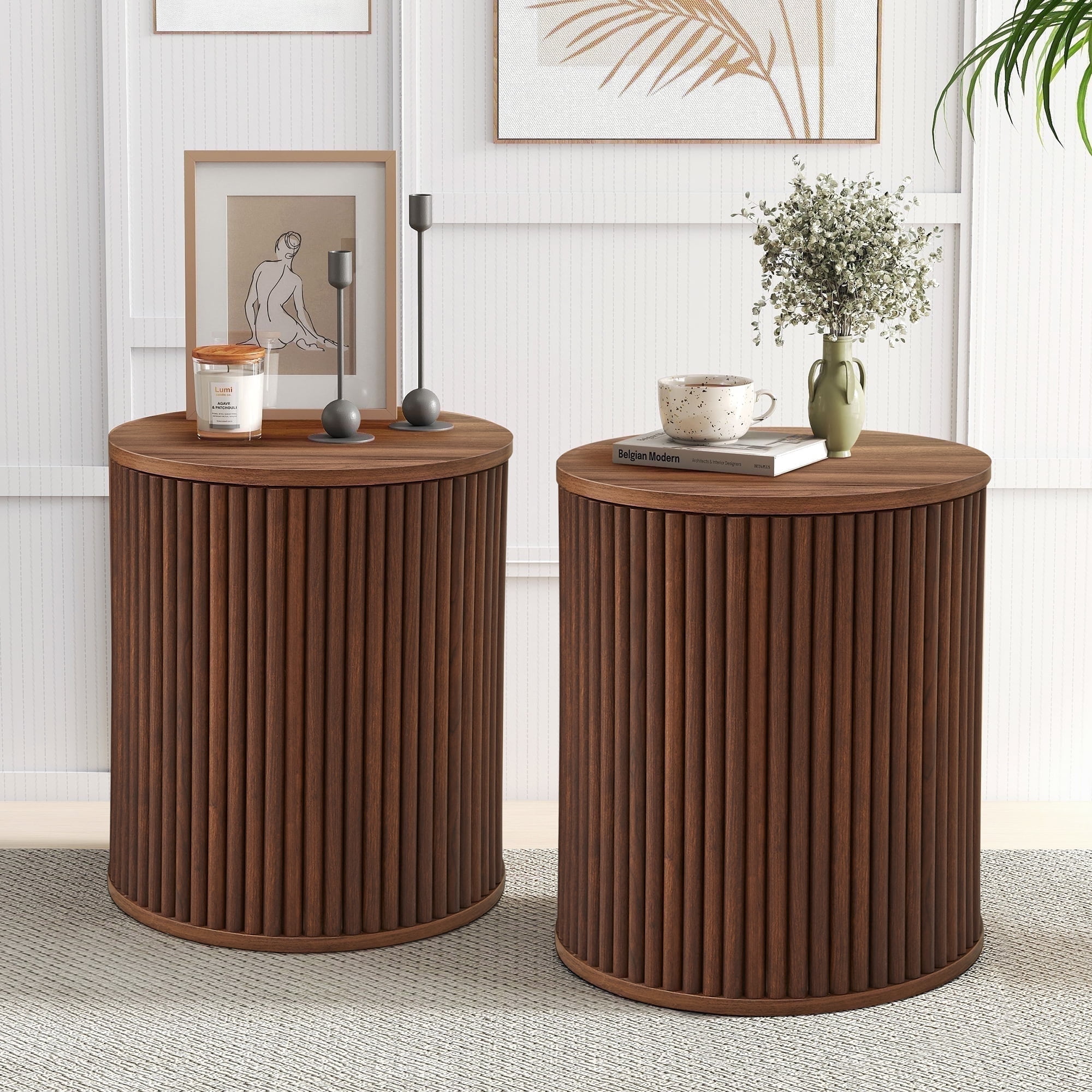 Wirrytor Round Side Table for living room set of 2, Fluted End Table for Small Spaces, Mid Century Modern Small Accent Tables, Bedside Table, Couch Side Table, Nightstand for Bedroom Couch,Walnut - Walmart.com