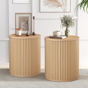 Wirrytor Round Side Table for Living Room Set of 2, Fluted End Table, Mid Century Modern Small Accent Tables, Bedside Table, Couch Side Table, Nightstand for Bedroom Couch, Oak