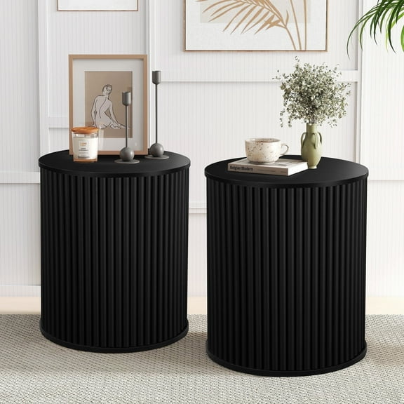 Wirrytor Round Side Table for living room set of 2, Fluted End Table for Small Spaces, Mid Century Modern Small Accent Tables, Bedside Table, Couch Side Table, Nightstand for Bedroom Couch,Black