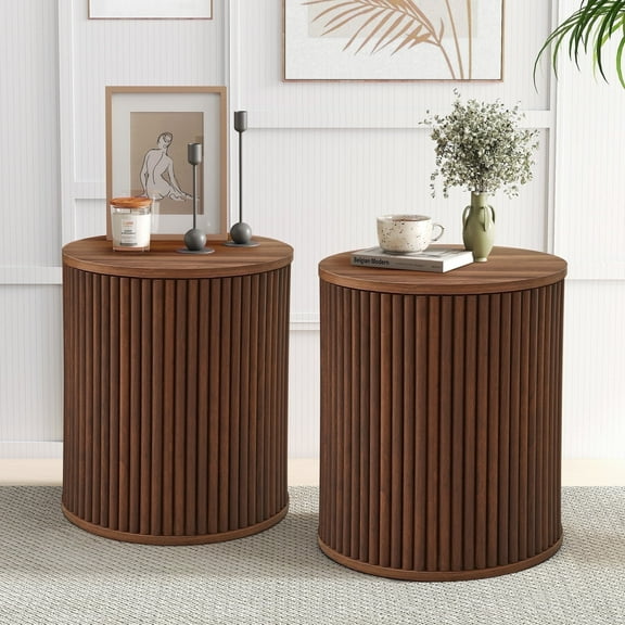 Wirrytor Round Side Table for living room set of 2, Fluted End Table for Small Spaces, Mid Century Modern Small Accent Tables, Bedside Table, Couch Side Table, Nightstand for Bedroom Couch,Walnut