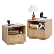 Wirrytor Set of 2 Nightstand, Fluted Bed Side Table with Charging Station, Modern End Side Table for Bedroom Furniture Living Room Sofa, Night Stand with Storage Drawers and Large Open Shelf,oak